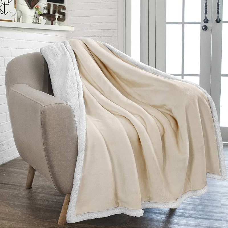 Throw Blanket Cream Beige Plush Sherpa Fleece, Reversible Folded