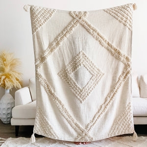 Throw Blanket Cream Black Tribal Geometric Print Oversized Tassels Boho