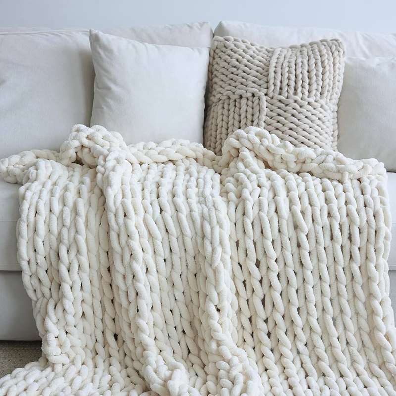 Throw Blanket Cream Braided Chenille Chunky Knit Handmade Look