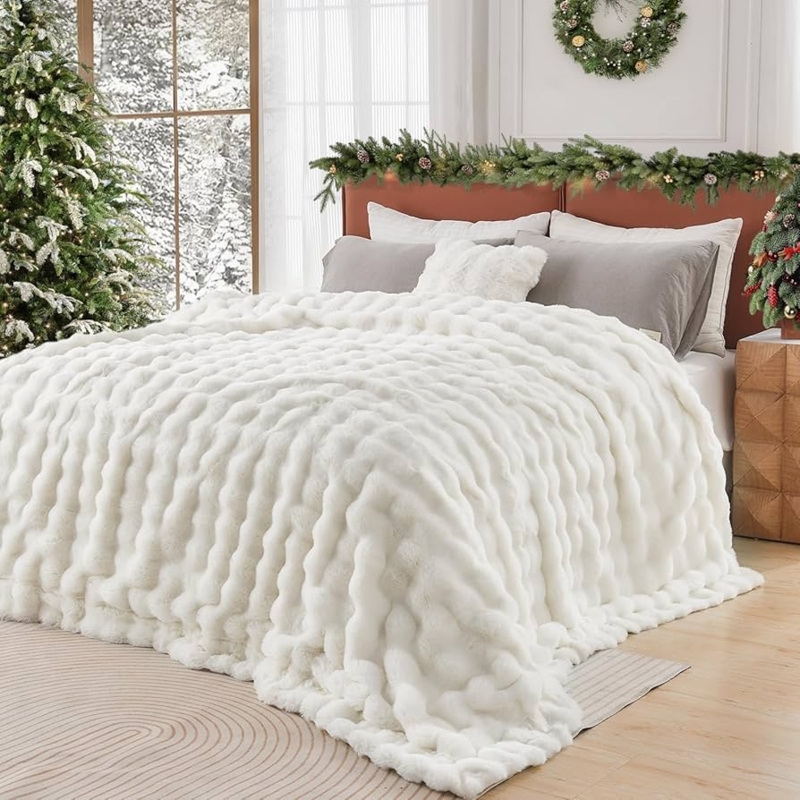 Throw Blanket Cream Bubble Texture Faux Fur Plush Glam