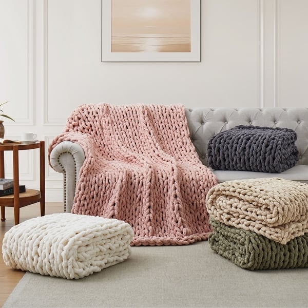 Throw Blanket Cream Chenille Braided Structure Woven Appearance Bedding
