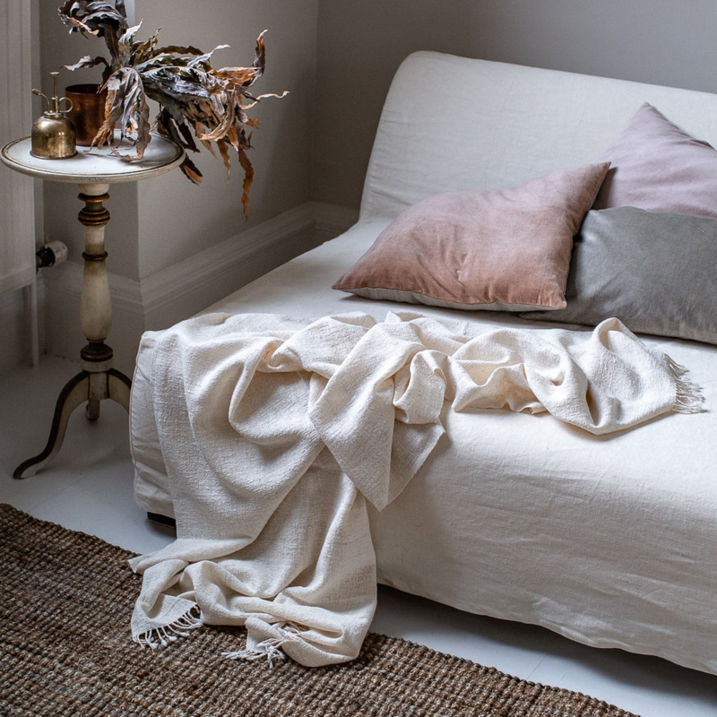 Throw Blanket Cream Handspun Texture Eri Silk Material Fringe Detail