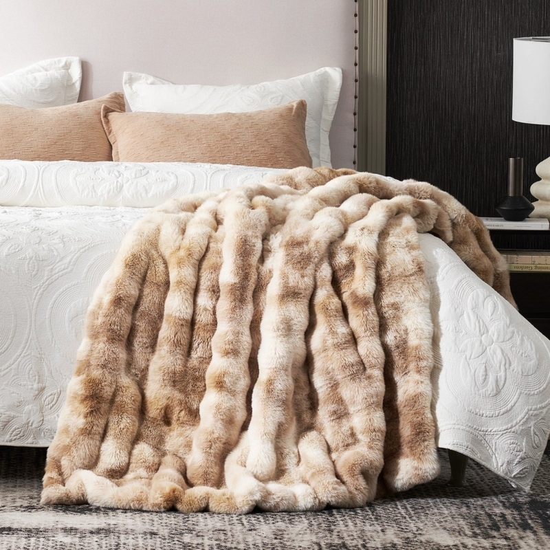 Throw Blanket Cream Shaggy Faux Fur Draped Sofa Decor