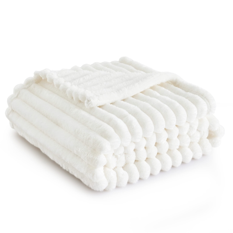 Throw Blanket Cream White Herringbone Pattern Tassel Fringe Sofa Blanket