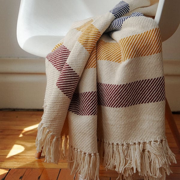 Throw Blanket Cream Woven Cotton Striped Fringe Border