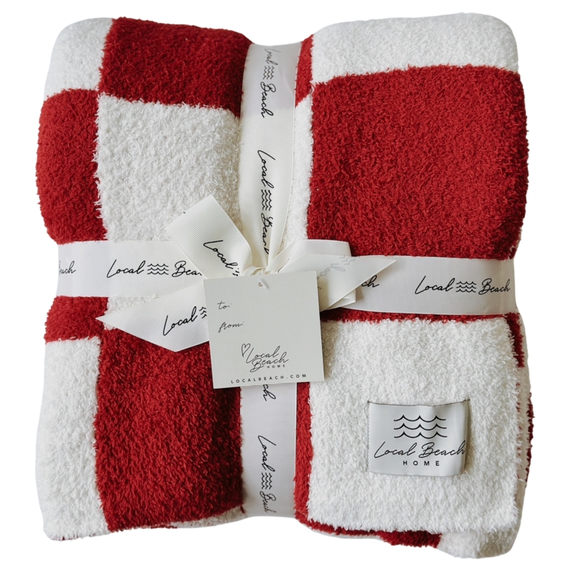 Throw Blanket, Crimson Red and Cream Checkerboard, Plush Knit