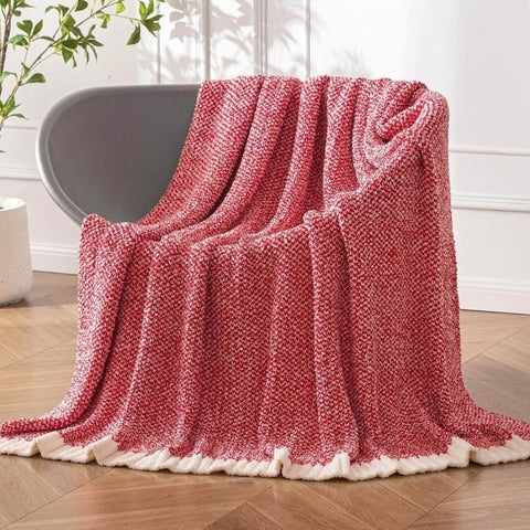 Throw Blanket, Crimson Red Chunky Braided Knit, Tasseled Fringe