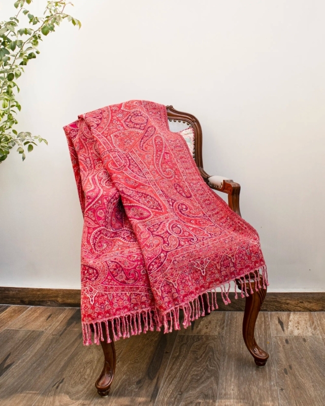 Throw Blanket Crimson Red Paisley Fringed Tassels Woven Traditional
