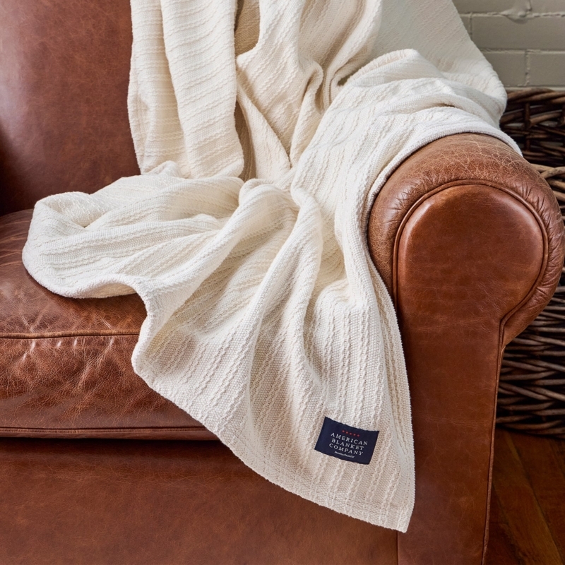 Throw Blanket | Crisp White Braided Cable Knit | Folded Edge Texture