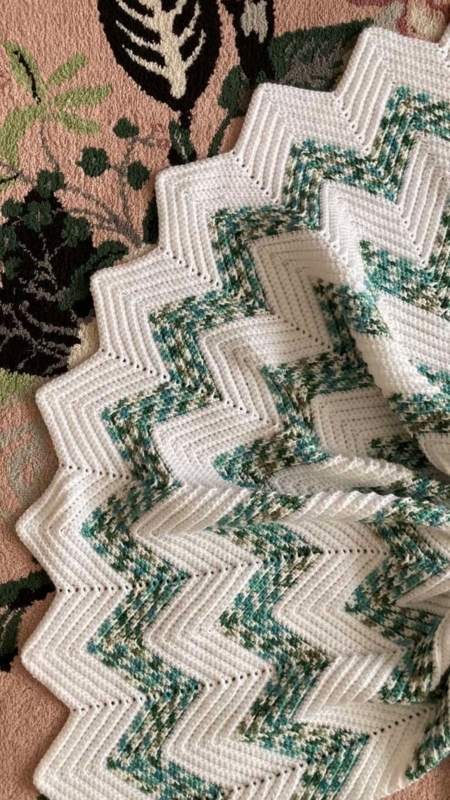 Throw Blanket: Crochet Chevron in Navy and White, Hand-Knit Look for Coastal