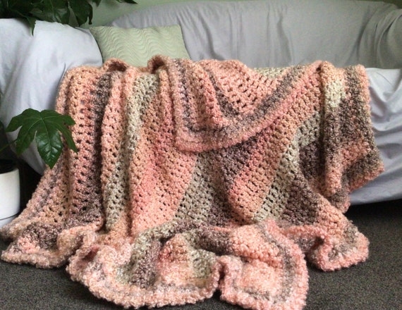 Throw Blanket Crochet Texture Earth Tone Stripes Boho Knit Afghan