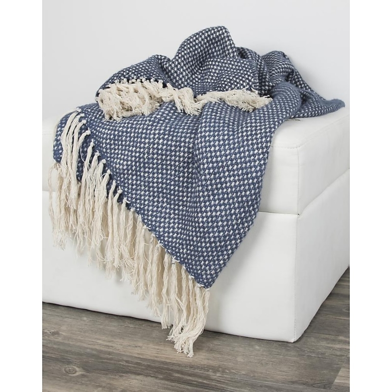 Throw Blanket Cross-Weave Texture Knotted Tassel Fringe Coastal Accents