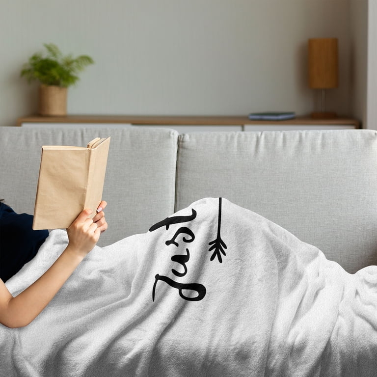 Throw Blanket Cursive Script Arrow Motif Black White Graphic Print
