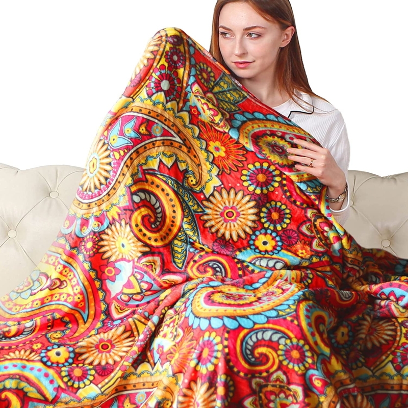 Throw Blanket Dark Coral Oriental Paisley Flannel Fleece Decor