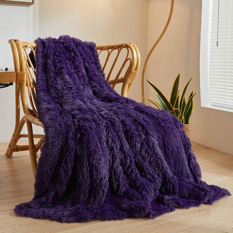 Throw Blanket, Dark Eggplant Shaggy Faux Fur, High Pile Plush Glam