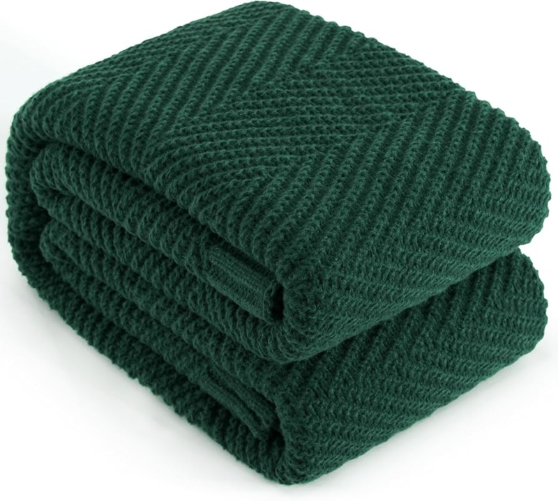 Throw Blanket: Dark Green Chevron Knit with Brand Tag, Farmhouse Living