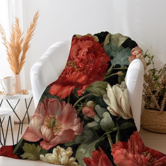 Throw Blanket Dark Ground Floral Plush Fabric Vintage Botanical Print