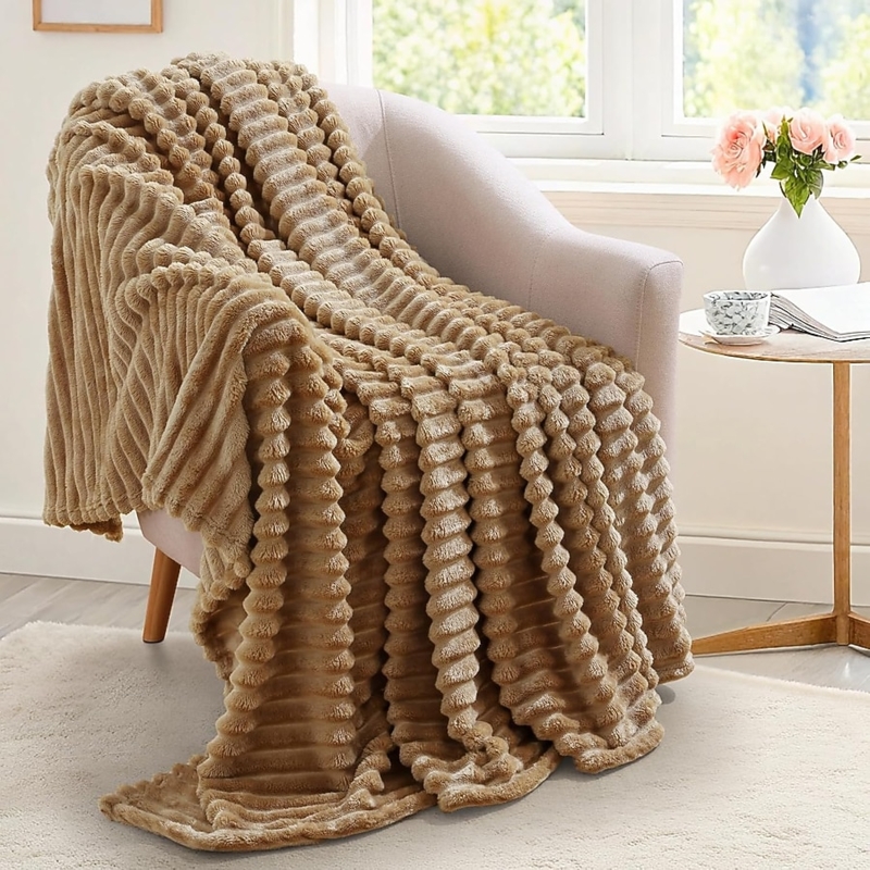 Throw Blanket, Dark Khaki Fleece with Pom Pom Fringe for Boho Style