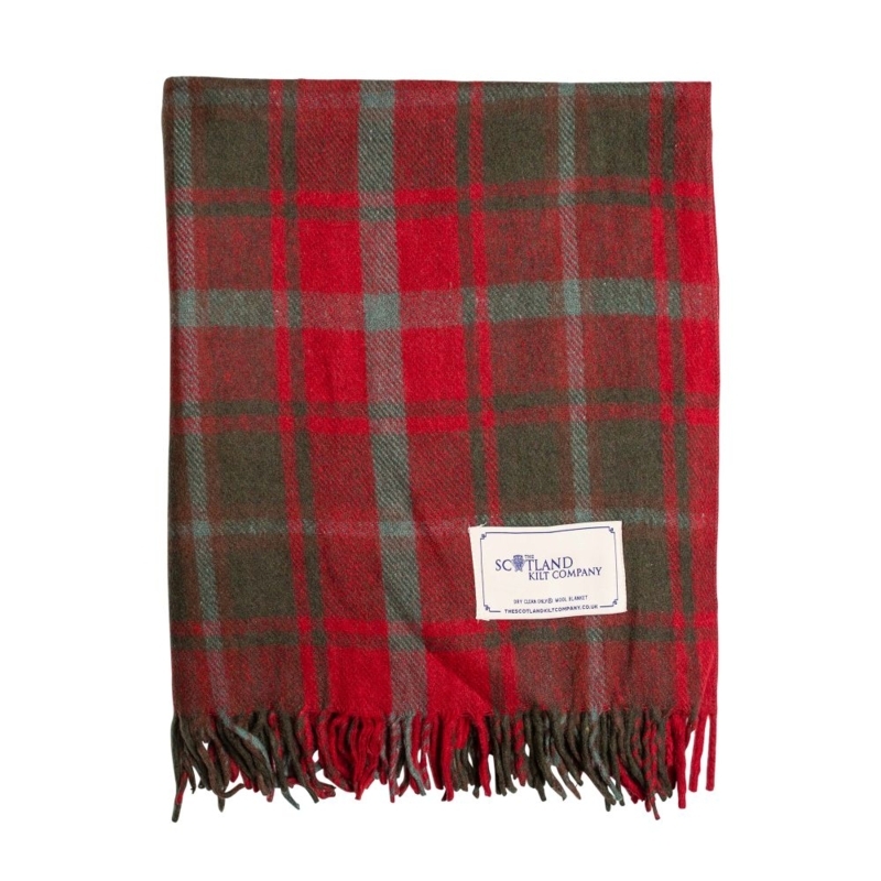 Throw Blanket Dark Maple Tartan Plaid, 100% Wool Woven Fringed Hem