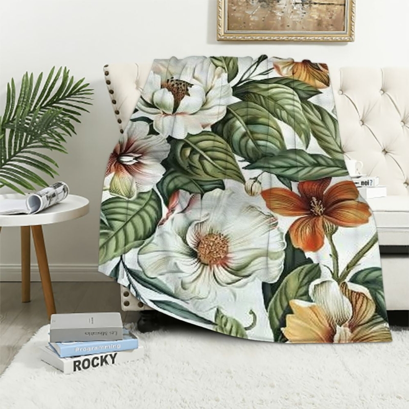 Throw Blanket Dark Navy Ground Wildflower Illustration Plush Texture