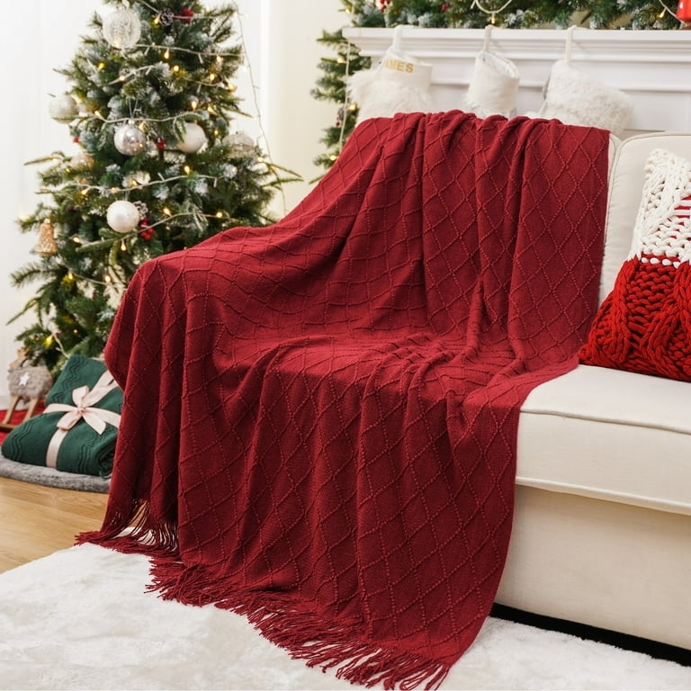 Throw Blanket, Dark Red Geometric Diamond Pattern, Fringed Edges