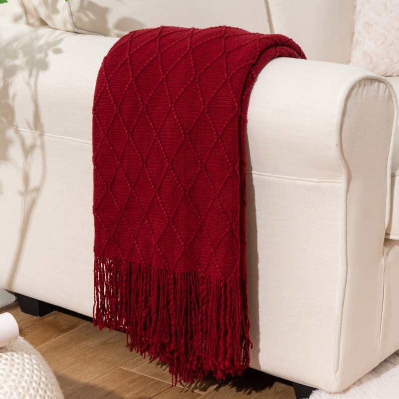 Throw Blanket, Dark Red Honeycomb Weave, Waffle Texture, Fringed