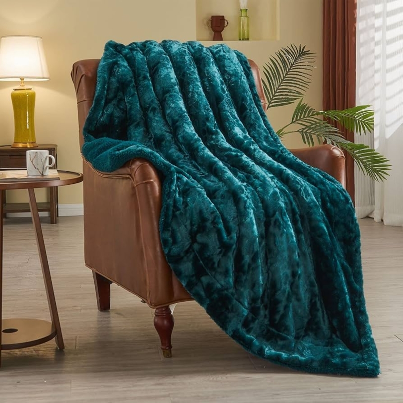 Throw Blanket, Dark Teal Shaggy Faux Fur, Inviting Living Room Accent