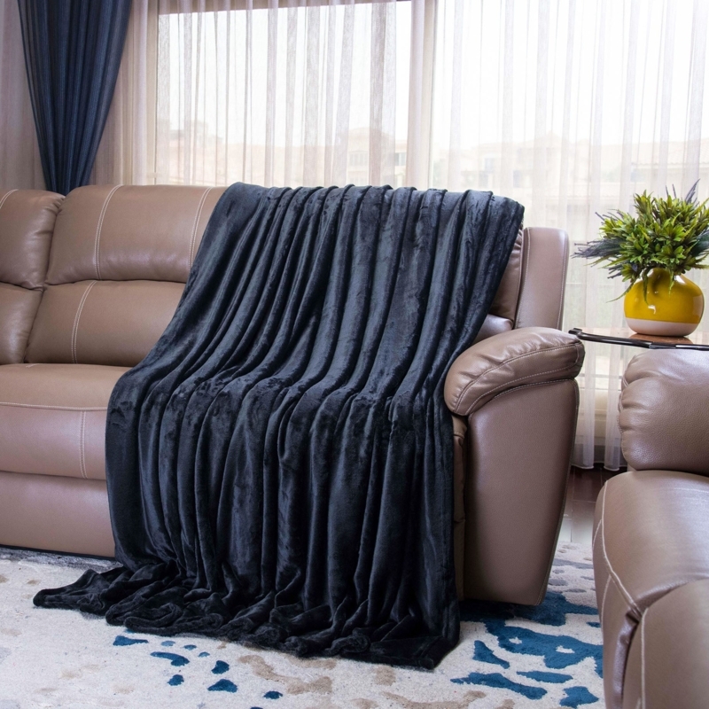 Throw Blanket Deep Black Plush Texture Hemmed Edges Cozy Bedroom