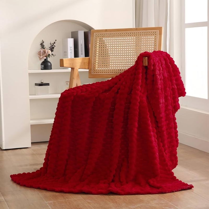 Throw Blanket, Deep Red 3D Rose Jacquard, Sculpted Floral Fleece