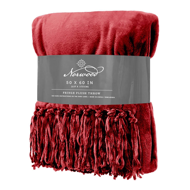 Throw Blanket, Deep Red Plush Fabric, Long Fringe Tassels