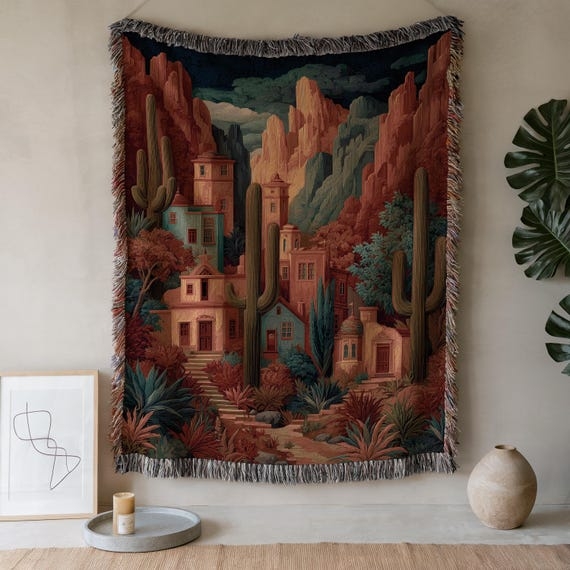 Throw Blanket Desert Village Motif Jacquard Weave Rustic Ranch