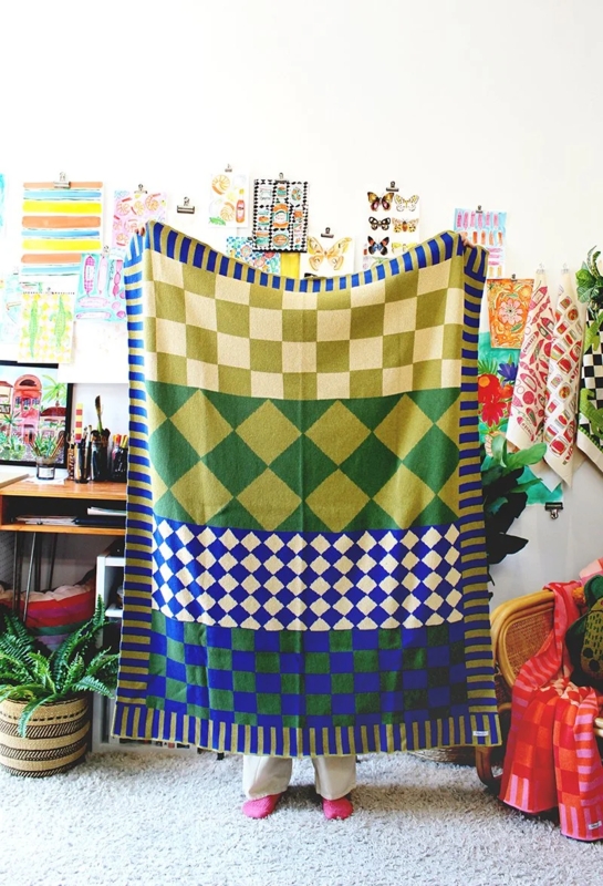Throw Blanket Diamond Checkerboard Knit Teal Cream Reversible
