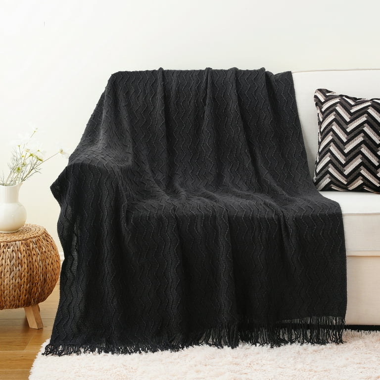 Throw Blanket Diamond Knit Texture Fringe Boho Accent