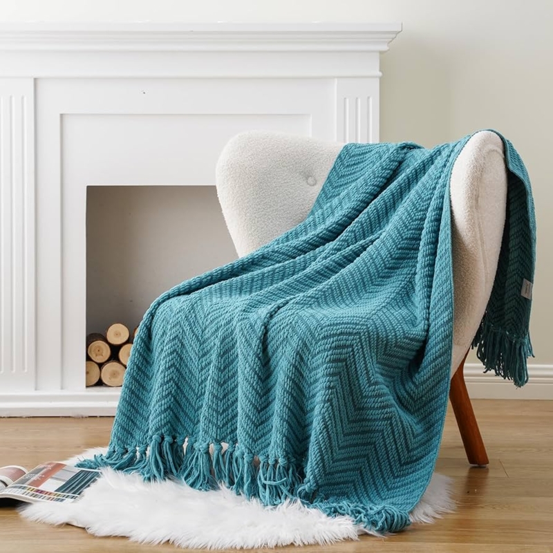 Throw Blanket, Diamond Knit Weave with Knotted Tassels, Bohemian Sofa Accent
