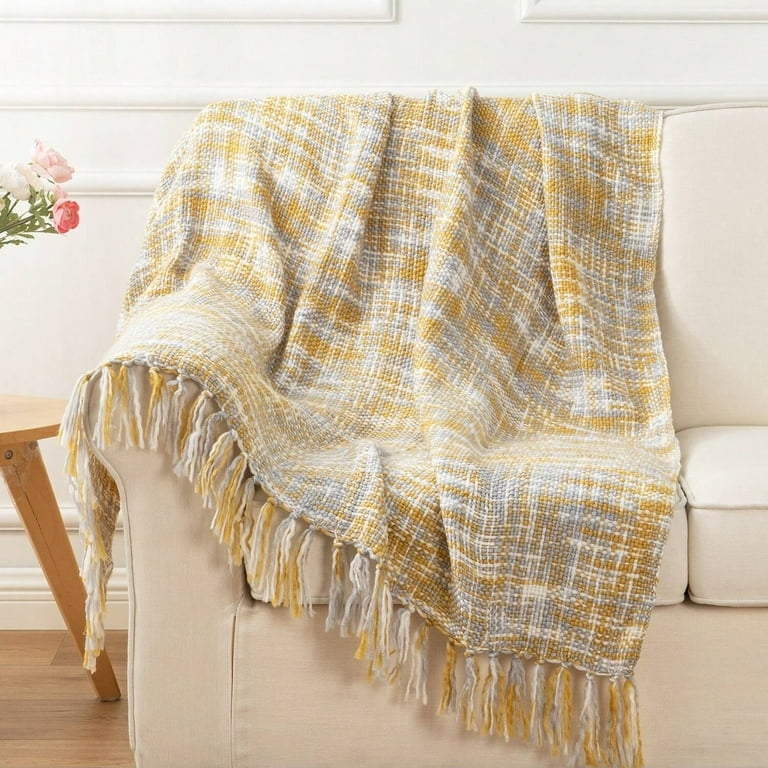 Throw Blanket, Diamond Pattern, Chunky Knit, Tassels, Mustard