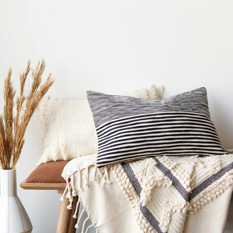 Throw Blanket Diamond Weave Chunky Tassels Ivory Cotton