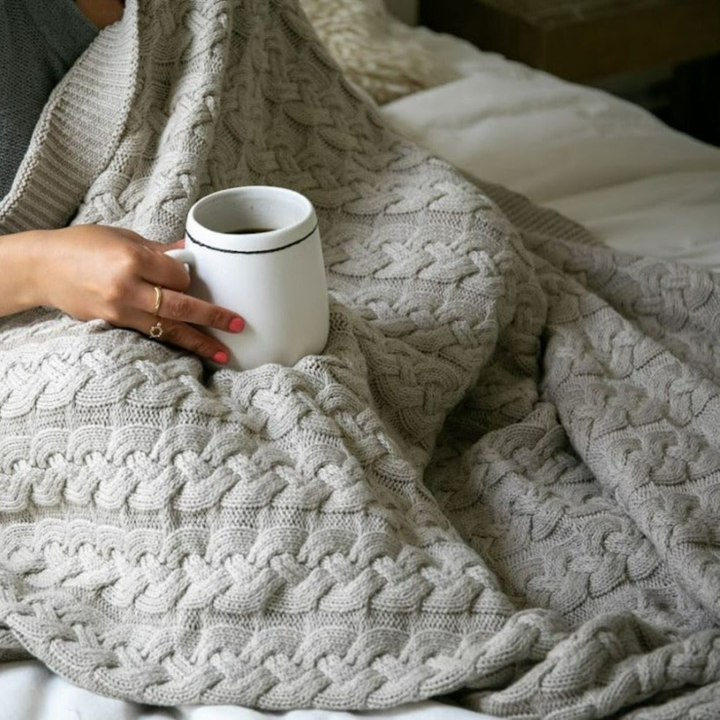 Throw Blanket Double Cable Knit Cream Tactile Textured Living Room Decor