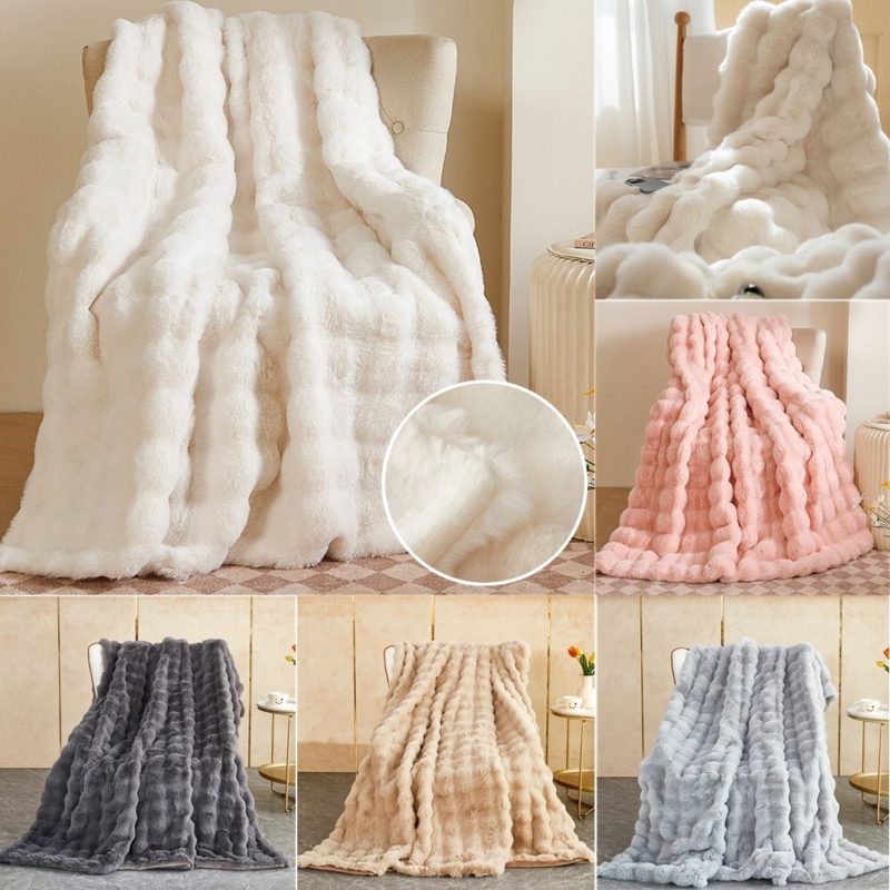 Throw Blanket Double Sided Faux Fur Light Grey High Pile Plush
