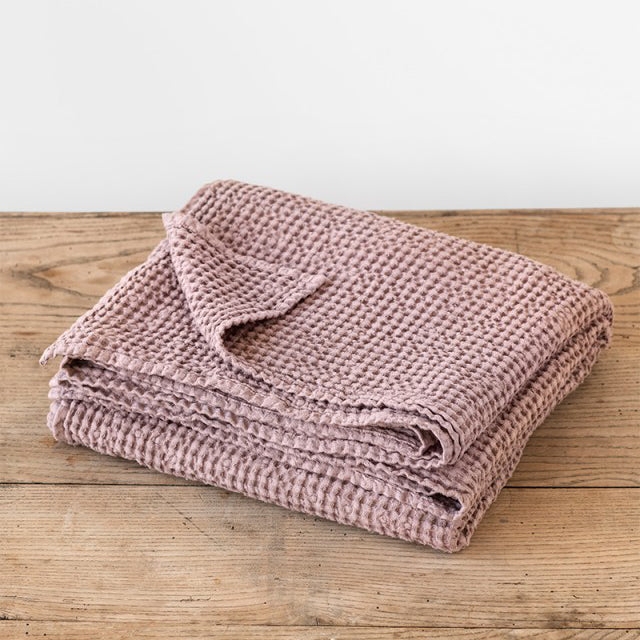 Throw Blanket Dusty Rose Waffle Weave Fringed Linen Blend
