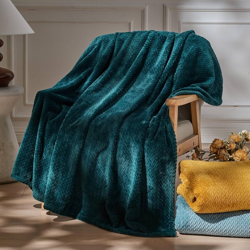 Throw Blanket, Embossed Leaf Pattern, Dark Blue-Green Fleece, Botanical Accent