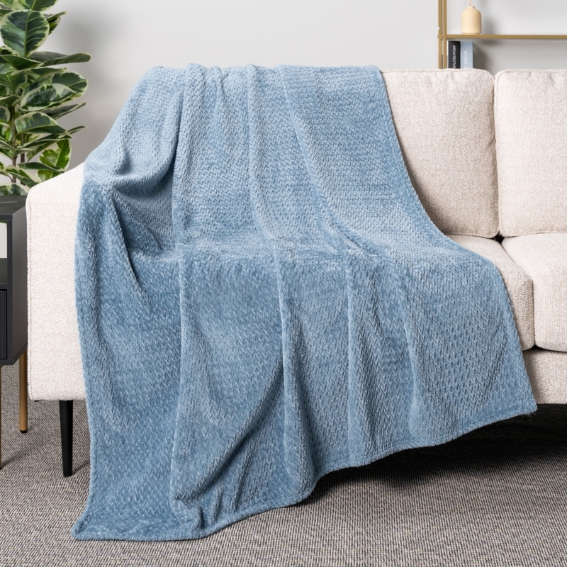 Throw Blanket, Embossed Leaf Pattern, Dusty Blue Jacquard