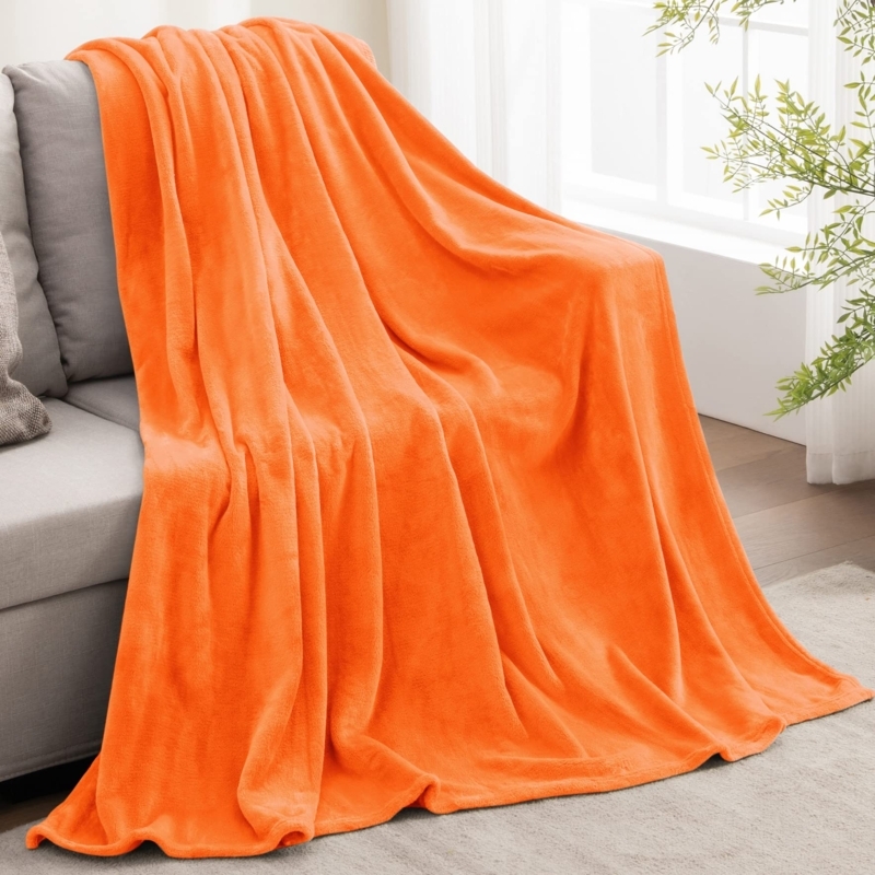 Throw Blanket Embossed Leaf Pattern Plush Fleece Vibrant Orange Autumn