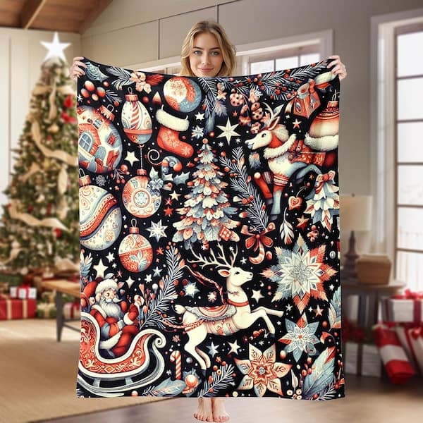 Throw Blanket Fair Isle Pattern Reindeer Motif Plush Fleece Decor