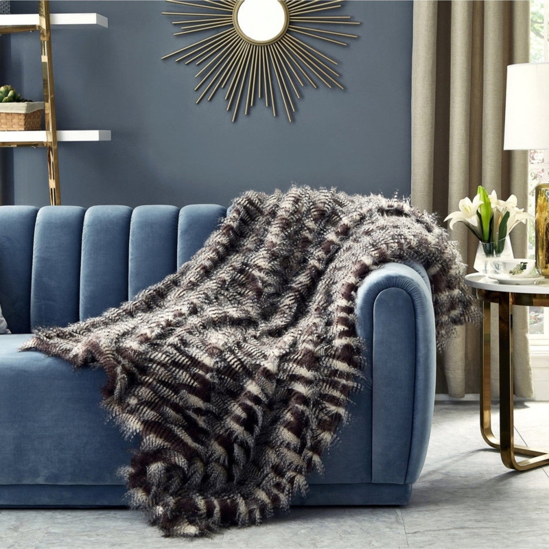 Throw Blanket, Faux Feather Texture. Dark Charcoal Grey High Pile, Glam.