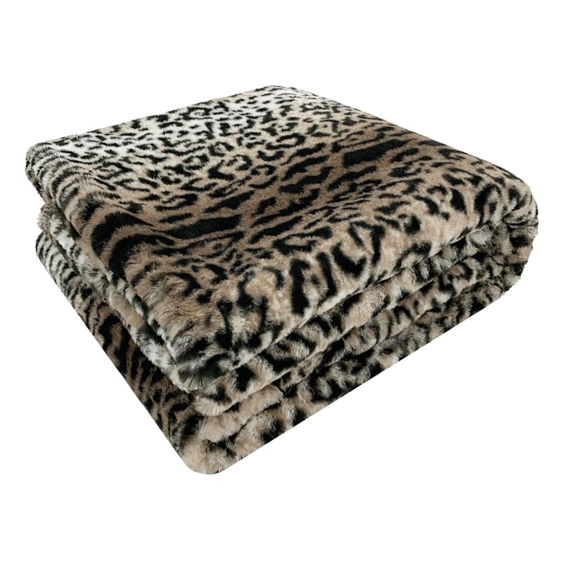 Throw Blanket, Faux Fur Leopard Pattern in Tan and Brown Tones, Soft