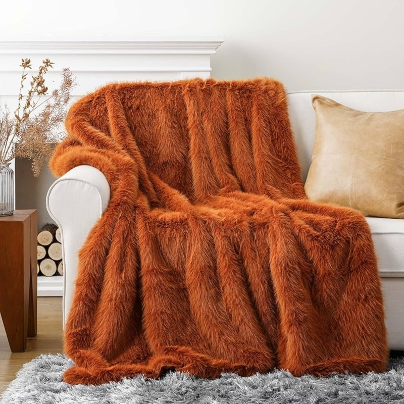 Throw Blanket Faux Fur Long Pile Shaggy Texture Rust Orange Cozy