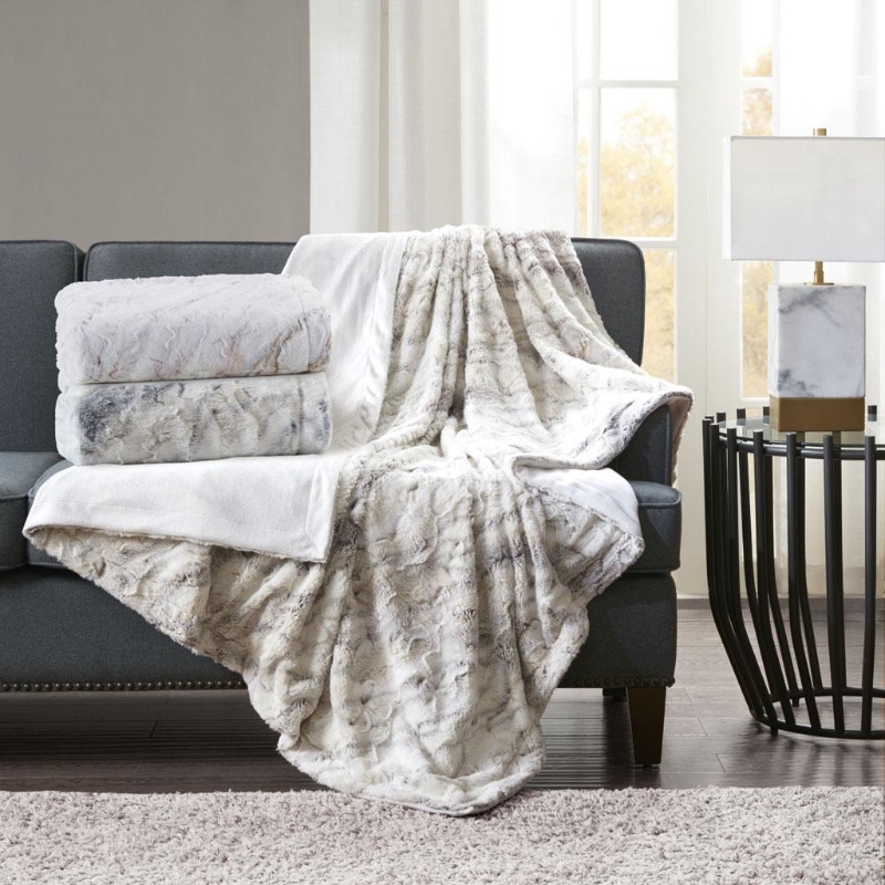 Throw Blanket Faux Fur Marble Print Cream Taupe