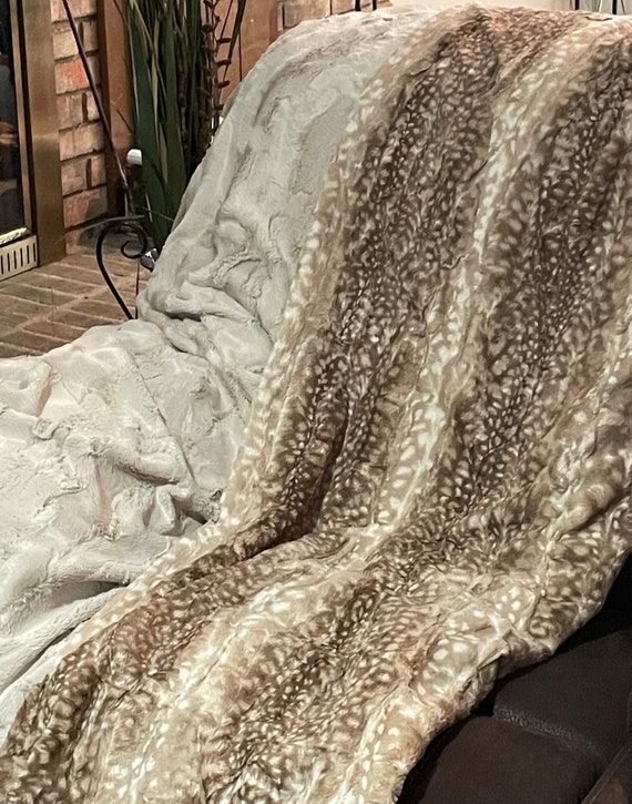 Throw Blanket Fawn Print Reversible Minky Textured Animal Accent