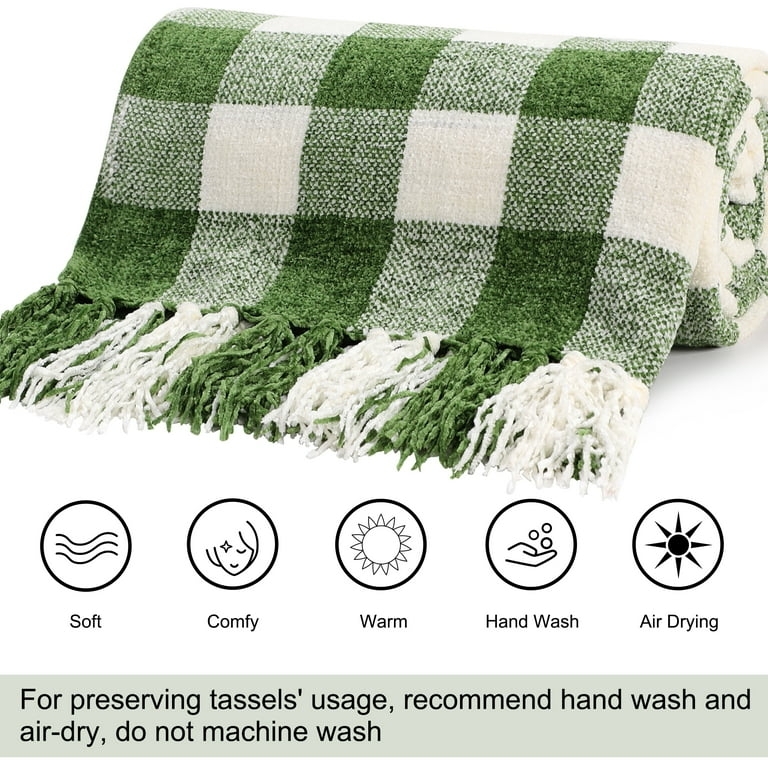 Throw Blanket Fern Green Plaid Chenille Tasseled Fringe Cozy Decor