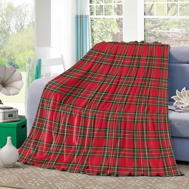 Throw Blanket Festive Red Green Tartan Plaid Fleece Like Texture